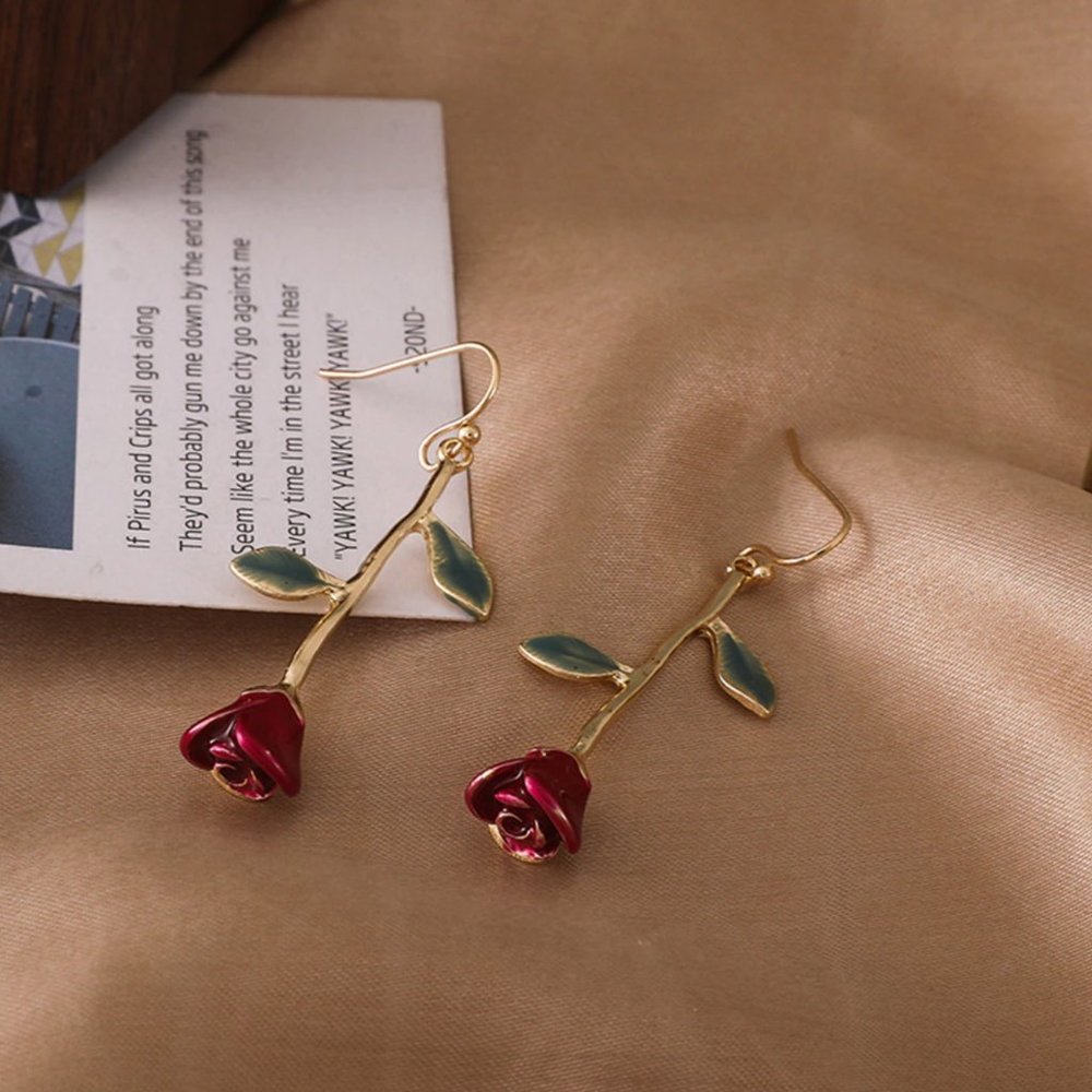 Crimson Red Rose Stem Leaflet Drop Dangle Gold Earrings